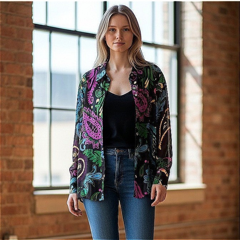 Zara Womens Paisley Print Sheer Button Up Blouse Long Sleeve Multi Color Size M